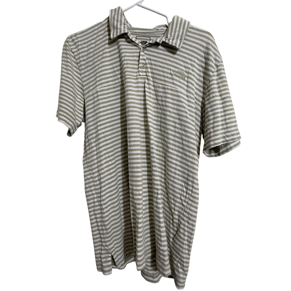 The North Face Mens Striped Polo Shirt‎ Sage Green White Cotton Lyocell Size M